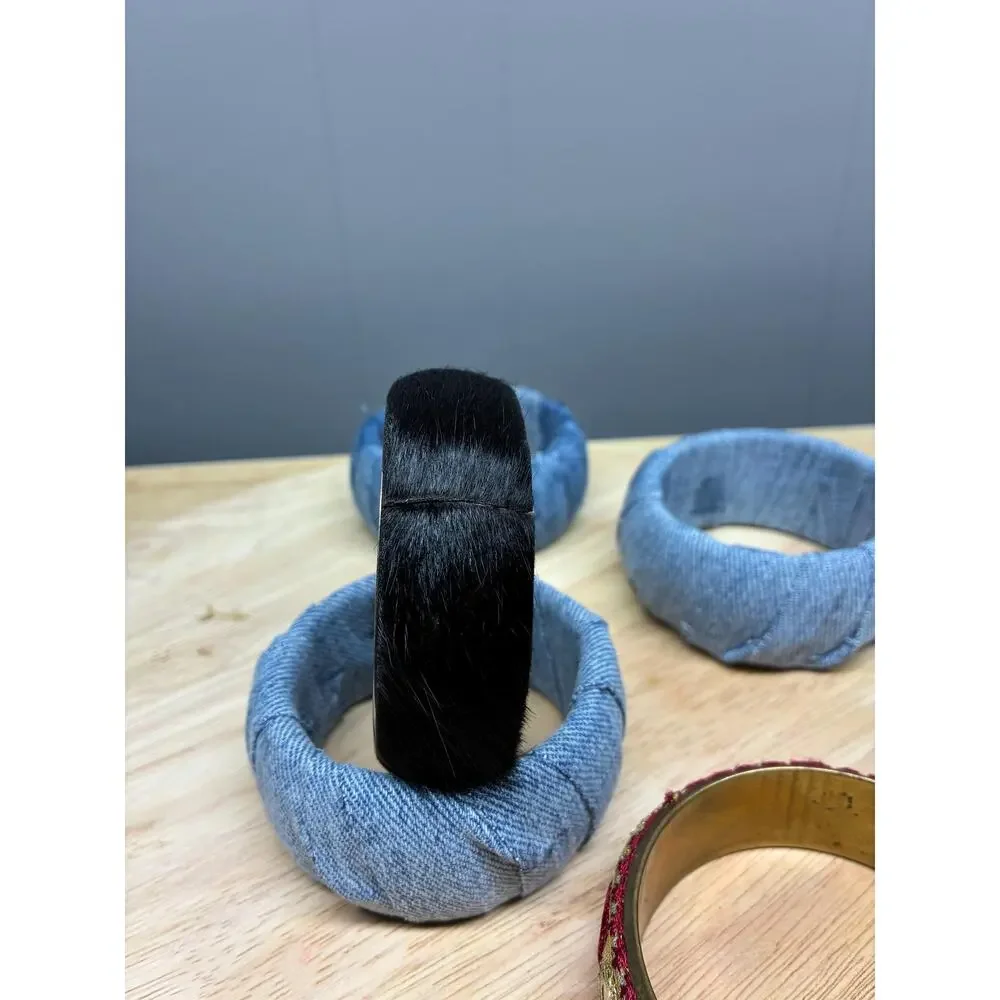 Upcycled Bangle Bracelet Set – Denim Wrapped, Embroidered, and Faux Fur